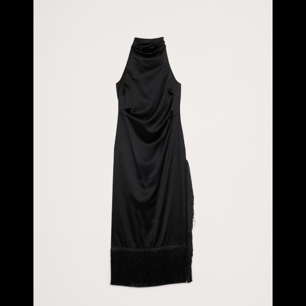 Banana Republic Black Fringe Satin Maxi Dress Size 0 - Brand New